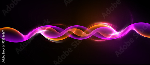 Bright wavy lines span image. Colors include orange, pink, purple against black background. Smooth gradients create dynamic visual effect.