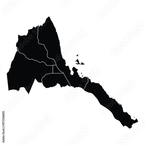 Black silhouette map of Eritrea showing its administrative divisions