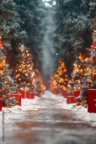 Winter scene with snow-covered pathway decorated with festive trees and wrapped gifts. vertical frame