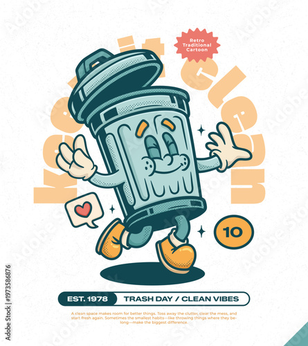 Metal Trash Can Trendy Retro Cartoon Vector Hand Drawn 10