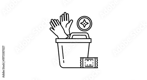 Cleaning supplies in a bucket: gloves, spray bottle, and cleaning cloth icon