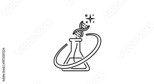 DNA Helix Emerging from Laboratory Flask with Orbiting Ring and Stars