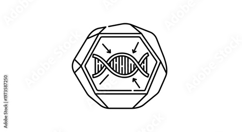DNA helix inside hexagonal frame with arrows, symbolizing genetic research and science