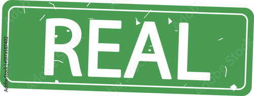 Green stamp with the word REAL on a clean background for authenticity and verification purposes online