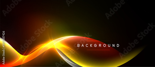 Abstract design features vibrant orange, yellow waves against dark background. Text reads BACKGROUND. Smooth curves create dynamic visual effect.