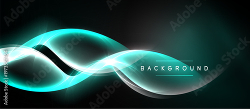 Abstract glowing lines form wave pattern. Dark background enhances bright turquoise illumination. Text reads BACKGROUND. Minimalist design.