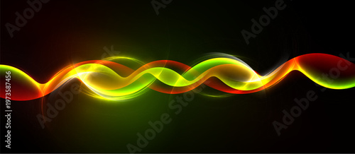 Vibrant waves flow across dark background. Colors blend, creating dynamic visual effect. Smooth curves suggest energy, movement.