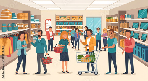 A vibrant illustration showcasing a diverse group of customers enjoying their shopping experience in a modern supermarket, filled with various products and active aisles