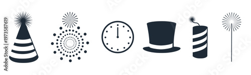 Party hat and magic top hat icons set, celebration costume headwear symbols, holiday event accessories collection, flat design, vector illustration.