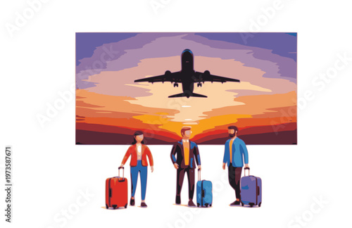 3D Digital Traveler with Luggage Airport View, Airplane Takeoff Sunset Scene Render, Modern Tourism and Vacation Concept Illustration