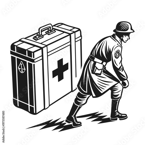 Vintage military medic vector illustration, soldier with first aid kit trunk, retro black and white army medical officer icon, war history graphic