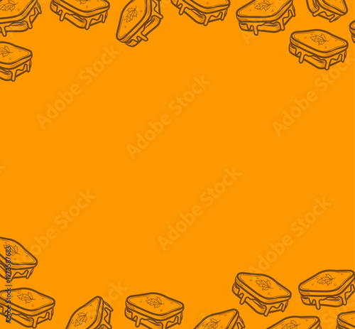 Sandwich Pattern Design. Frame Grilled Food Illustration Style. Layered Bread Filling Motif. Handdrawn Fast Food Pattern. Background For Packaging Textile.