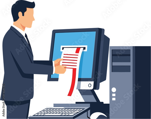 Businessman using computer and printer for business document creation.