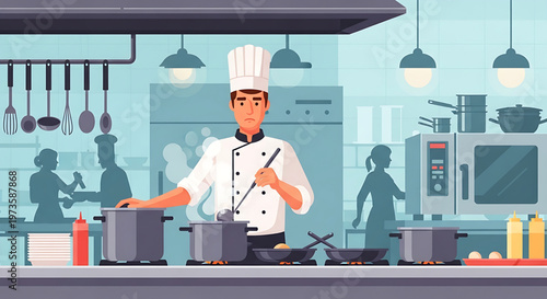 Professional chef preparing a gourmet meal in a bustling restaurant kitchen with steaming pots and pans