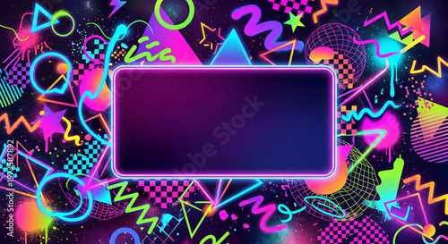 Vibrant Retro-Futuristic Neon Background with Geometric Shapes and Copy Space. Abstract 80s and 90s style background featuring neon glowing frame for text, 3D geometric shapes, and Memphis design 