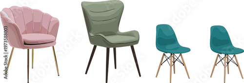 Modern designer chairs collection illustration, stylish seating furniture set, contemporary interior decor, colorful armchairs, minimal home design, isolated vector