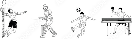 Sports players illustration set, badminton cricket football table tennis athletes, active lifestyle, competition concept, professional training, isolated line art design
