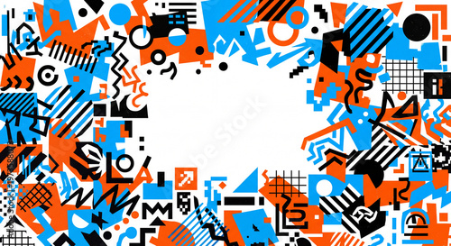 A dynamic abstract background featuring a mix of 90s retro aesthetics and urban grunge. The composition includes electric blue and bright orange geometric shapes, zigzag lines, halftone patterns