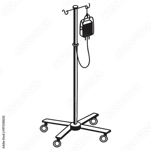 Medical IV pole vector illustration, hospital drip stand with infusion bag, clinical intravenous equipment icon for healthcare design