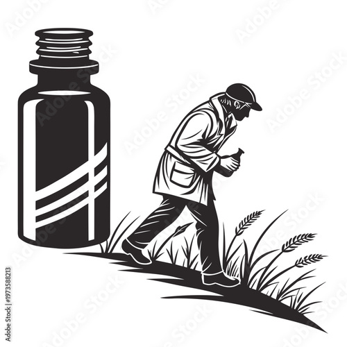 Vintage woodcut farmer with pesticide bottle vector, agricultural chemical spray illustration, black and white farm worker in wheat field