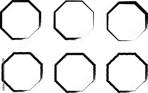 Set of Hand Drawn Brush Stroke Octagon Frames and Grunge Decorative Borders for Creative Graphic Design Projects and Minimalist Vector Art Layouts