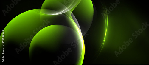 Abstract green shapes overlap, creating luminous curves. Dark background emphasizes bright, flowing forms. Modern design element.
