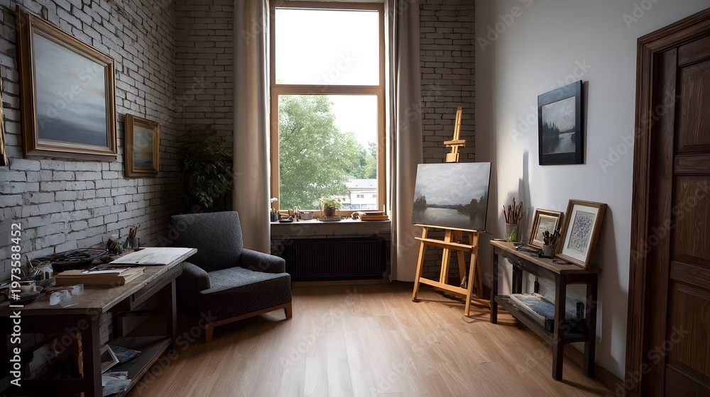 Fototapeta premium A naturally lit art studio space featuring an easel comfortable seating and exposed brick walls perfect for creative inspi n