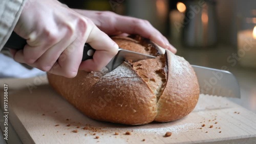 Close-up of hands slicing a crusty artisan loaf of bread on a wooden board with a knife.