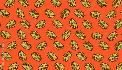 Sandwich Seamless Pattern Design. Grilled Food Illustration Style. Layered Bread Filling Motif. Handdrawn Fast Food Pattern. Background For Packaging Textile.