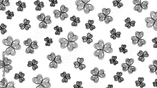 ハートと四つ葉のクローバーの繊細な背景（モノクロ・シンプル・レース調・ベクター素材）：Delicate heart and four-leaf clover background. Simple monochrome lace-like pattern vector illustration.