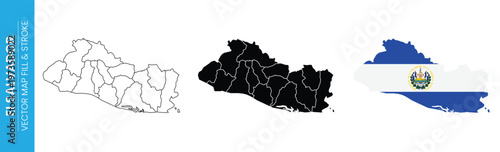 El Salvador map with internal divisions and national flag design
