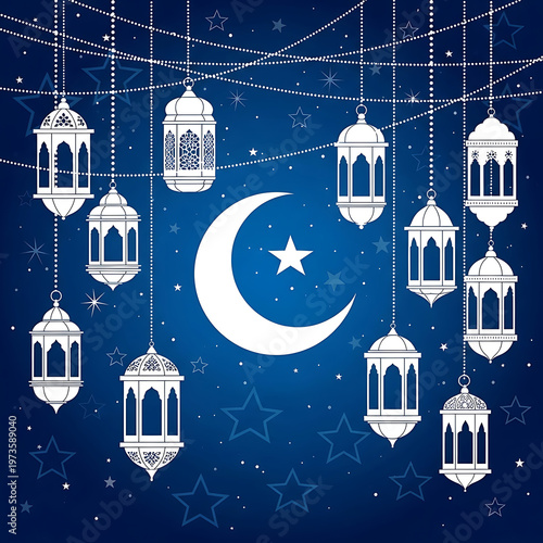 White Islamic crescent moon and lanterns on blue starry background