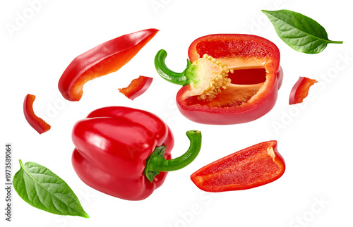 sliced red sweet bell peppers isolated on white background. clipping path
