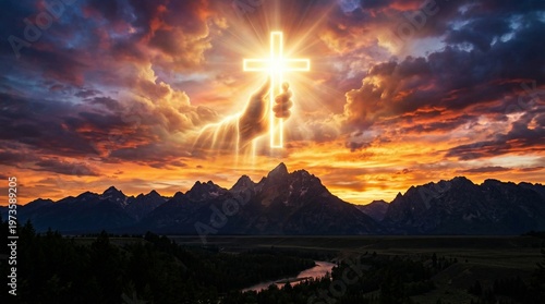 Sacred Sunrise: A radiant cross, bathed in divine light, ascends over a majestic mountain range during a breathtaking sunrise, evoking a sense of hope, spirituality, and reverence.