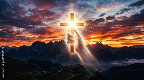 Celestial Embrace: A divine hand cradles a luminous cross, radiating spiritual light amidst a dramatic sunset over majestic mountain peaks.