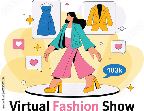 Woman in pink dress presenting virtual fashion show with clothing rack
