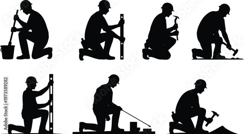construction worker silhouettes kneeling hammer measuring tools drilling builder labor industrial people black isolated vector illustration set collection