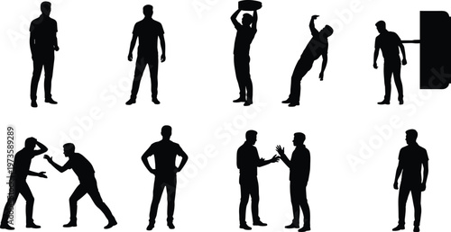 people silhouettes set walking talking fighting carrying opening door gestures interaction men black isolated vector illustration collection