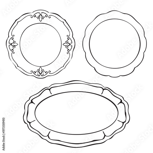 Hand drawn vintage style set of decorative plates. Three distinct designs with ornate edges and floral motifs. Suitable for various artistic applications.