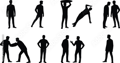people silhouettes set standing walking talking carrying gestures interaction men poses black isolated vector illustration collection