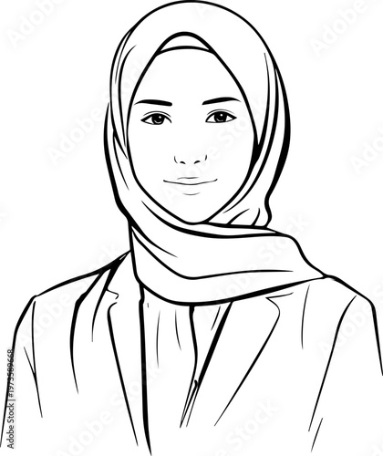 Hand Drawn Beautiful Female Doctor Wearing Hijab Black and White Illustration in Minimal Line Art Style Design
