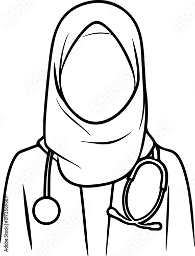 Hand Drawn Beautiful Female Doctor Wearing Hijab Black and White Illustration in Minimal Line Art Style Design