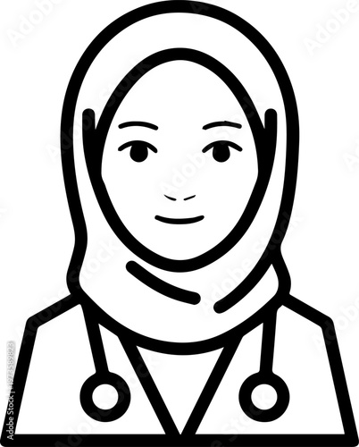 Hand Drawn Beautiful Female Doctor Wearing Hijab Black and White Illustration in Minimal Line Art Style Design