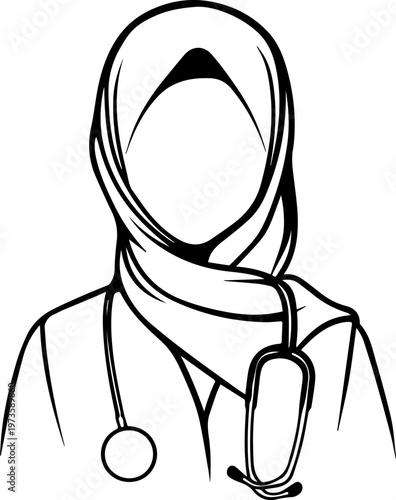 Hand Drawn Beautiful Female Doctor Wearing Hijab Black and White Illustration in Minimal Line Art Style Design