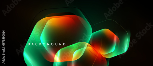 Abstract geometric shapes, vibrant colors blend. Neon glow creates dynamic visual effect, dark background enhances contrast.