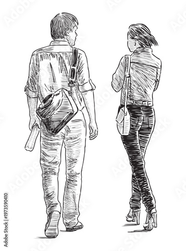 Couple young people walking outdoors together on summer day, realistic sketch, vector hand drawing black and white