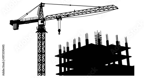 a black silhouette of a construction crane and an unfinished building symbolizing urban development and industrial progress.