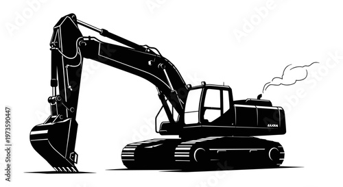 a bold black and white excavator vector heavy construction equipment for digging industrial use.