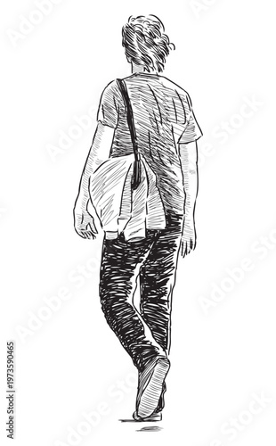 One young man pedestrian walking outdoors on summer day, realistic sketch, vector hand drawing isolated on white background