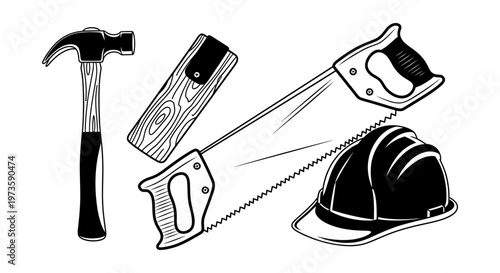 a collection of construction tools including a hammer saw and hard hat with a saw cutting wood representing carpentry.